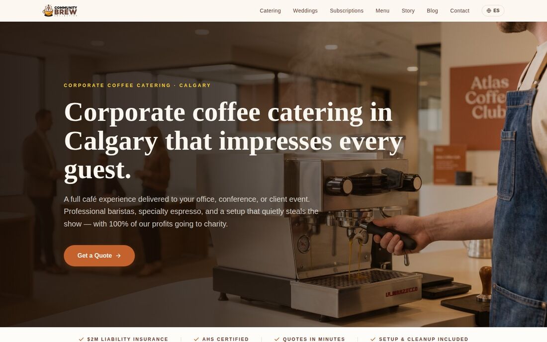 Community Brew Collective corporate coffee catering page, Calgary