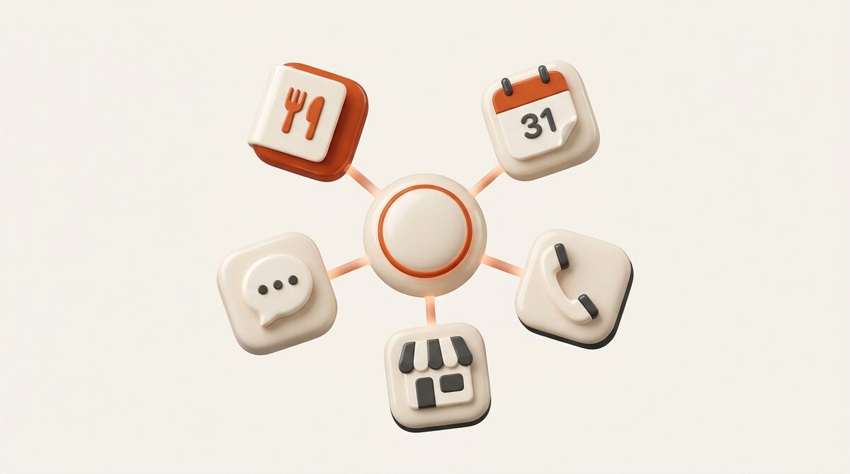 Five friendly modules — menu, calendar, chat, phone and storefront — connecting to one hub