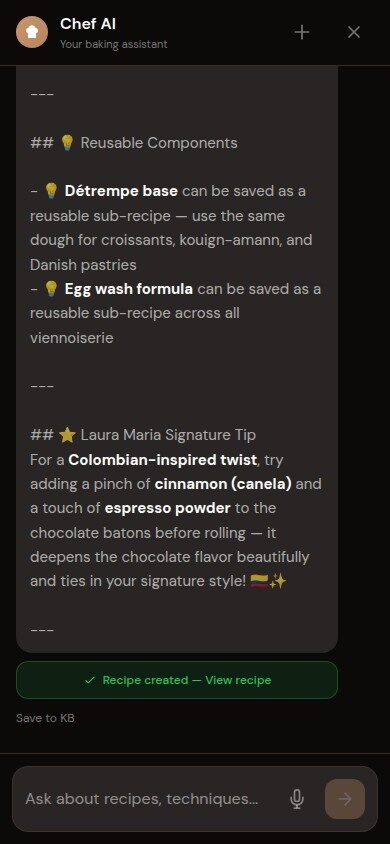 Built-in AI chef executing a task — recipe drafted and created in the system with confirmation