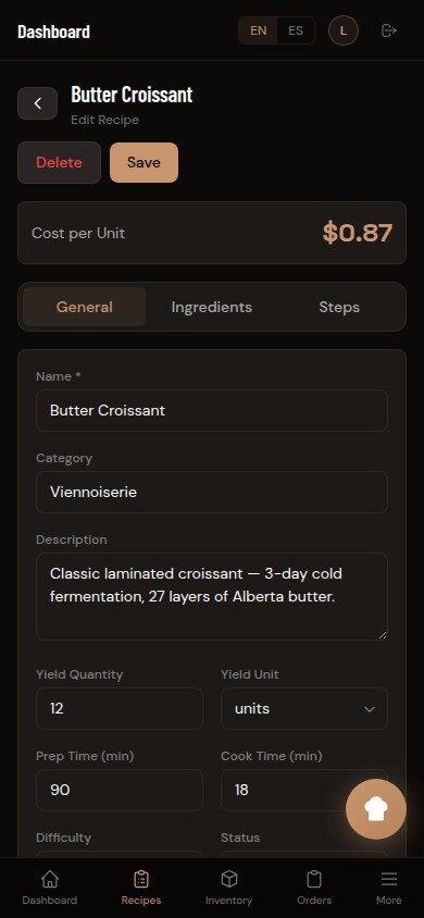 Recipe back office on mobile — cost per unit calculated automatically