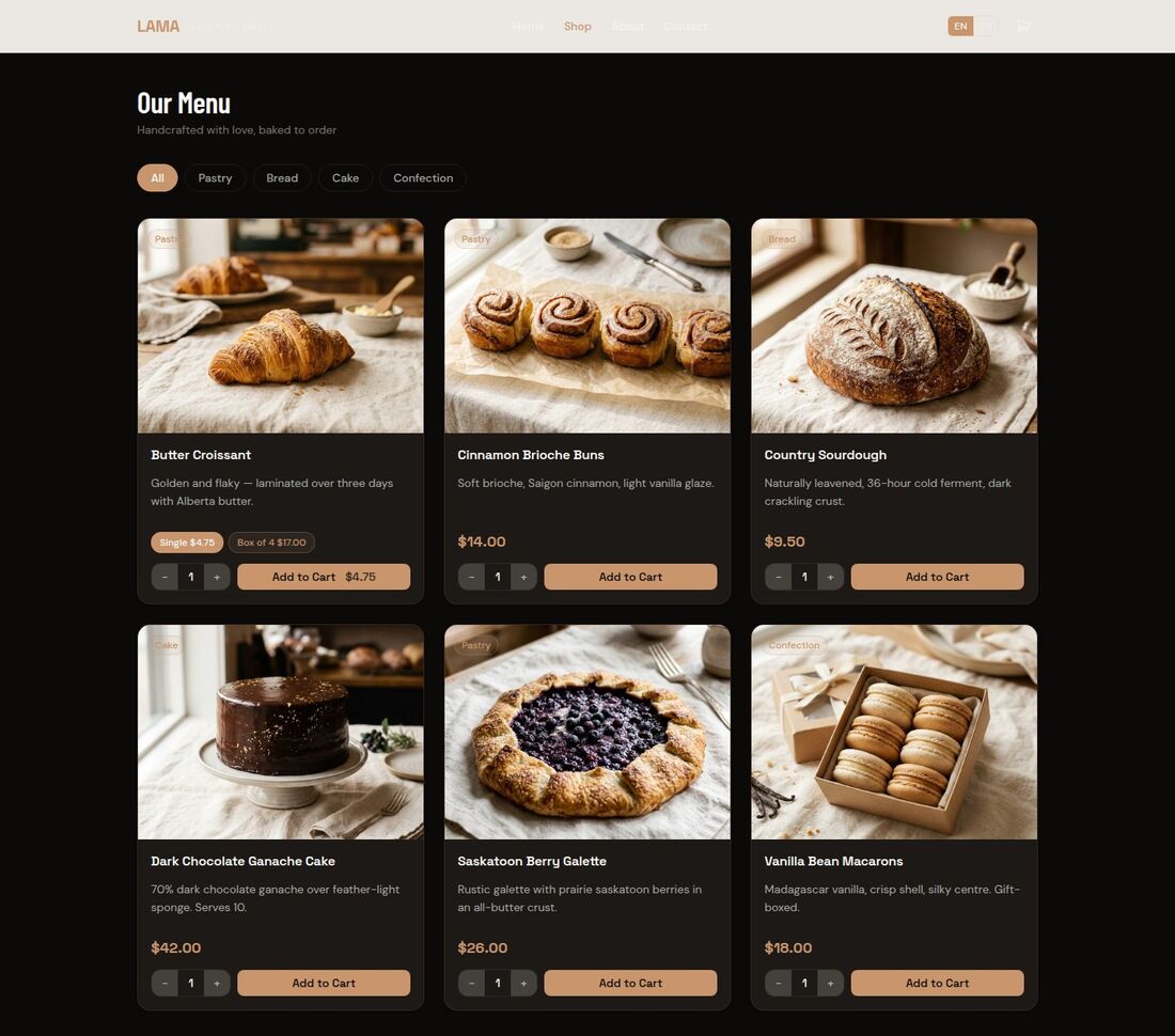 Laura Maria Bakery online shop on desktop — six products with photos and prices