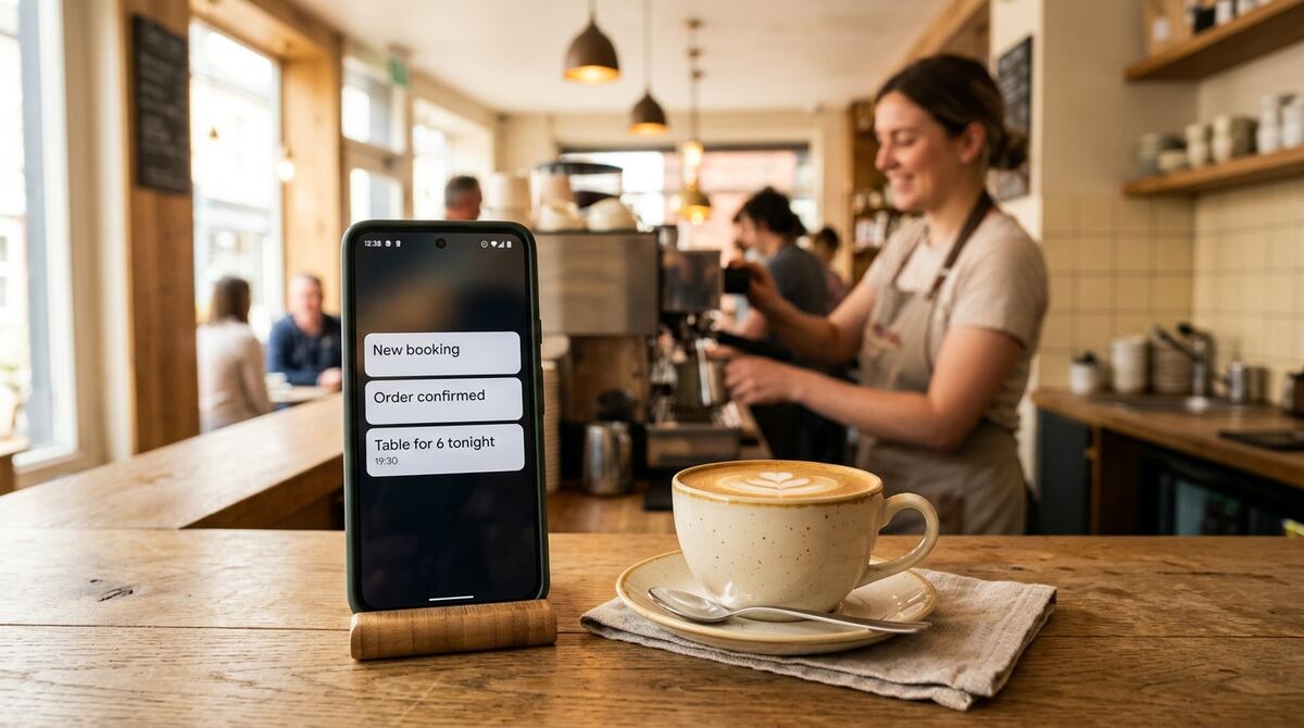 A phone on a café counter showing new booking and order notifications
